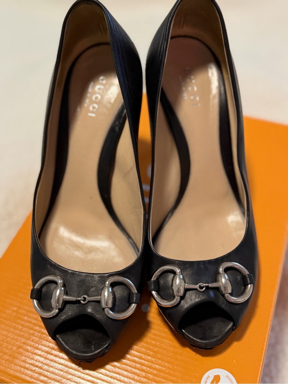 Gucci Black Leather Peep-Toe Pumps with Silver Horsebit